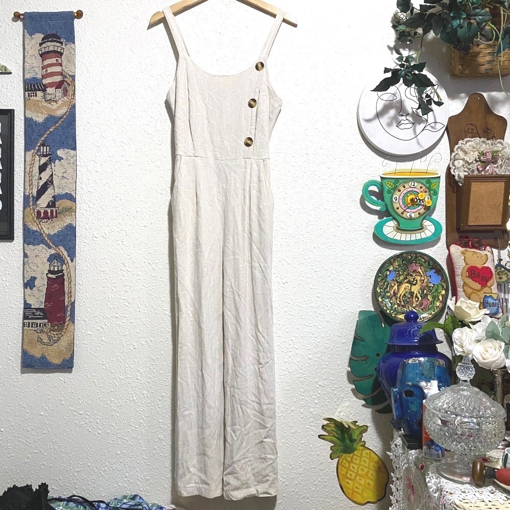 ONE CLOTHING women's Linen Blend Smocked Back Jumpsuit Cream Wide Leg small boho